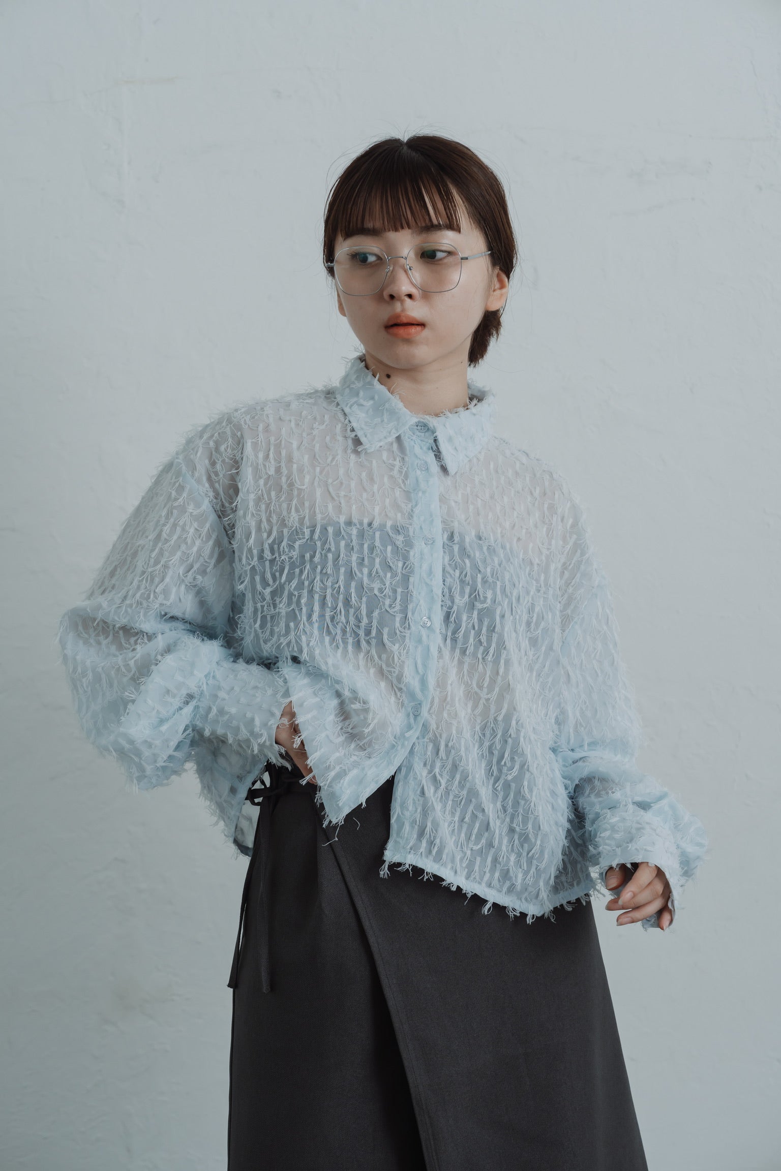 sheer fringe short shirt