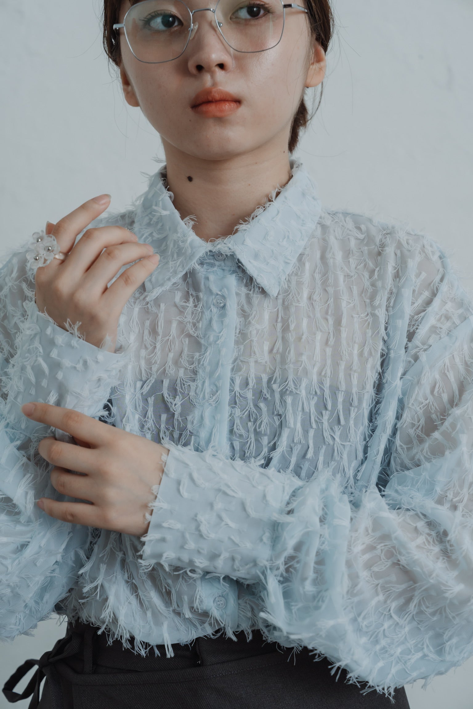 sheer fringe short shirt
