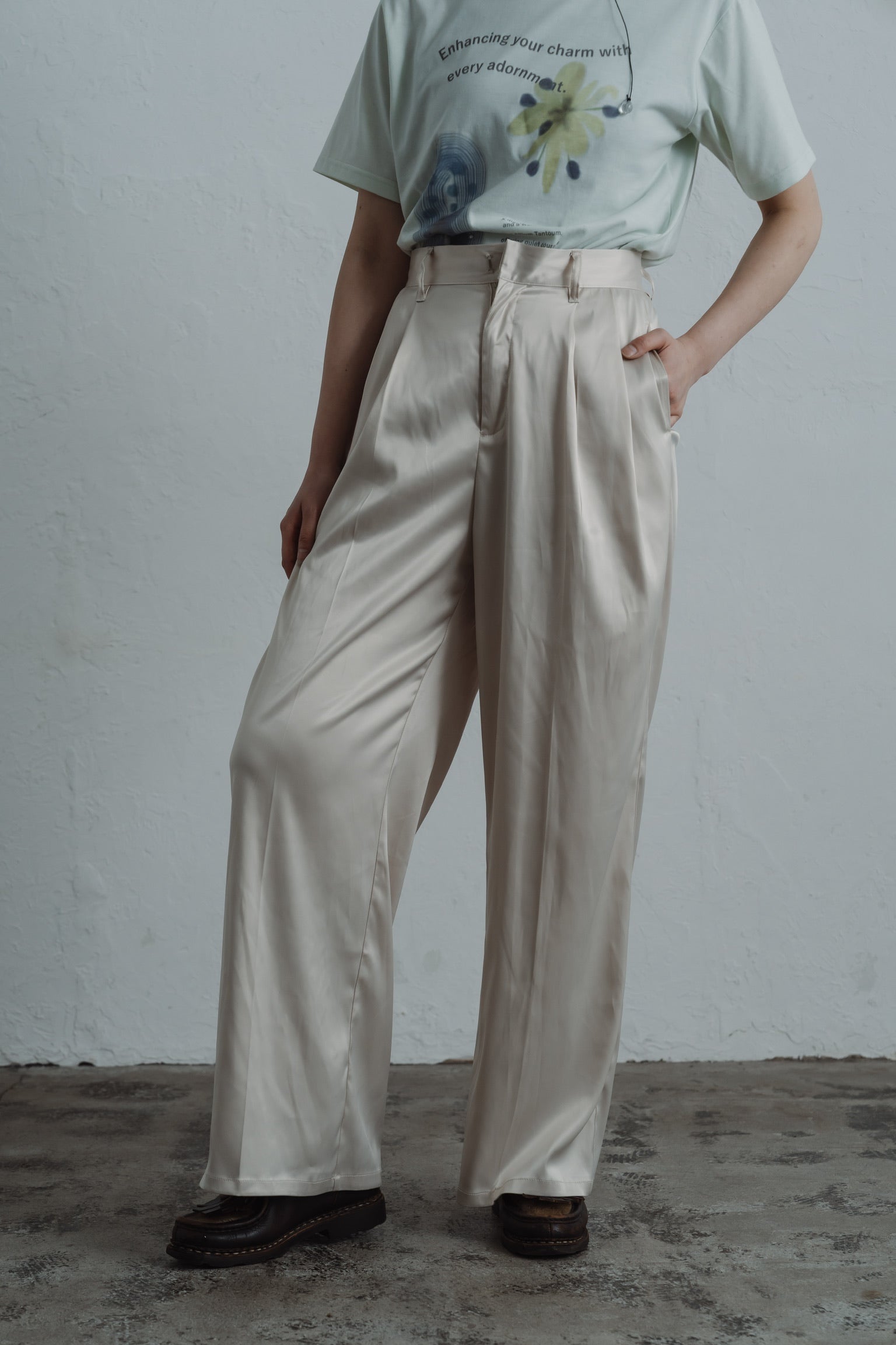satin tuck pants