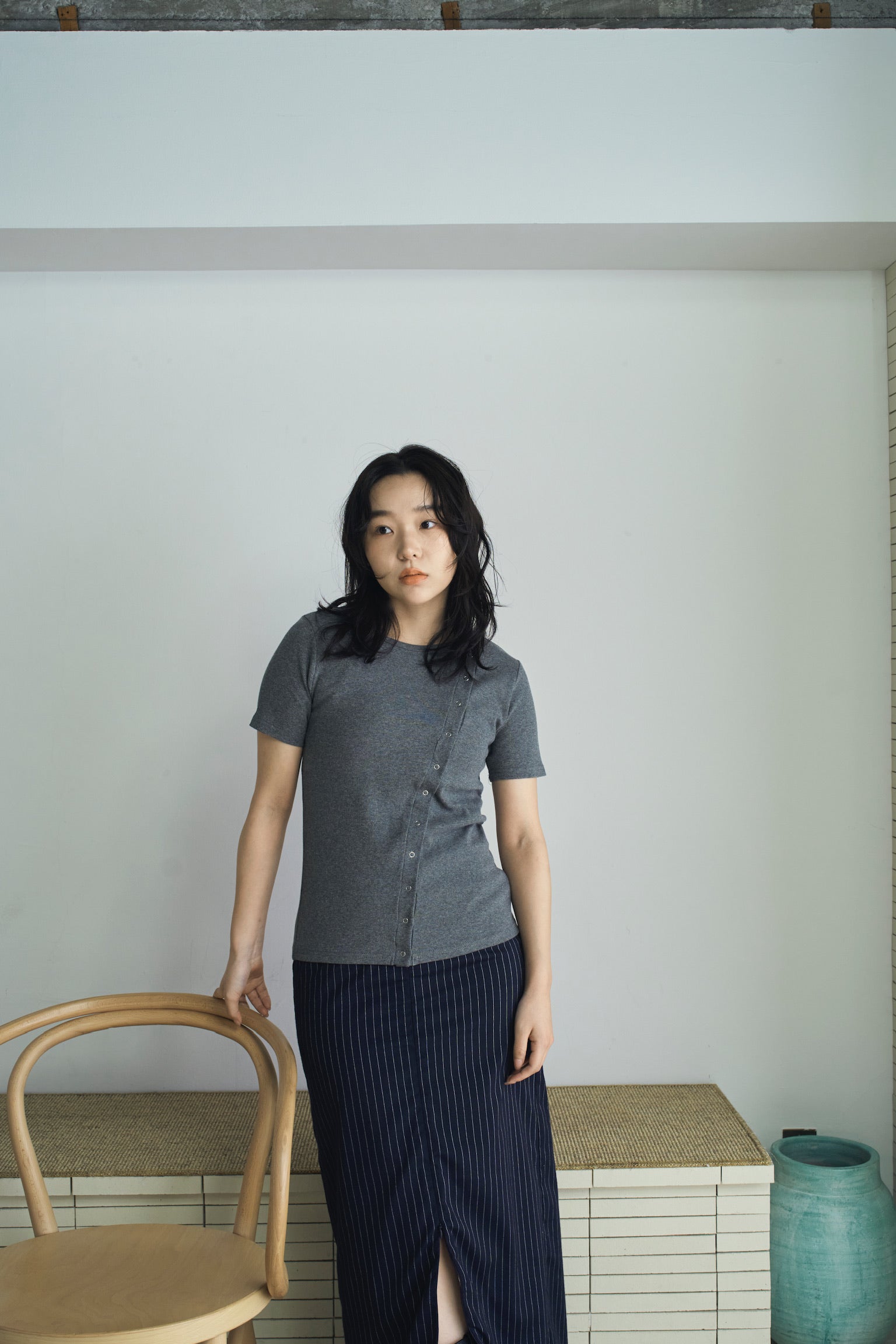 asymmetry snap rib knit