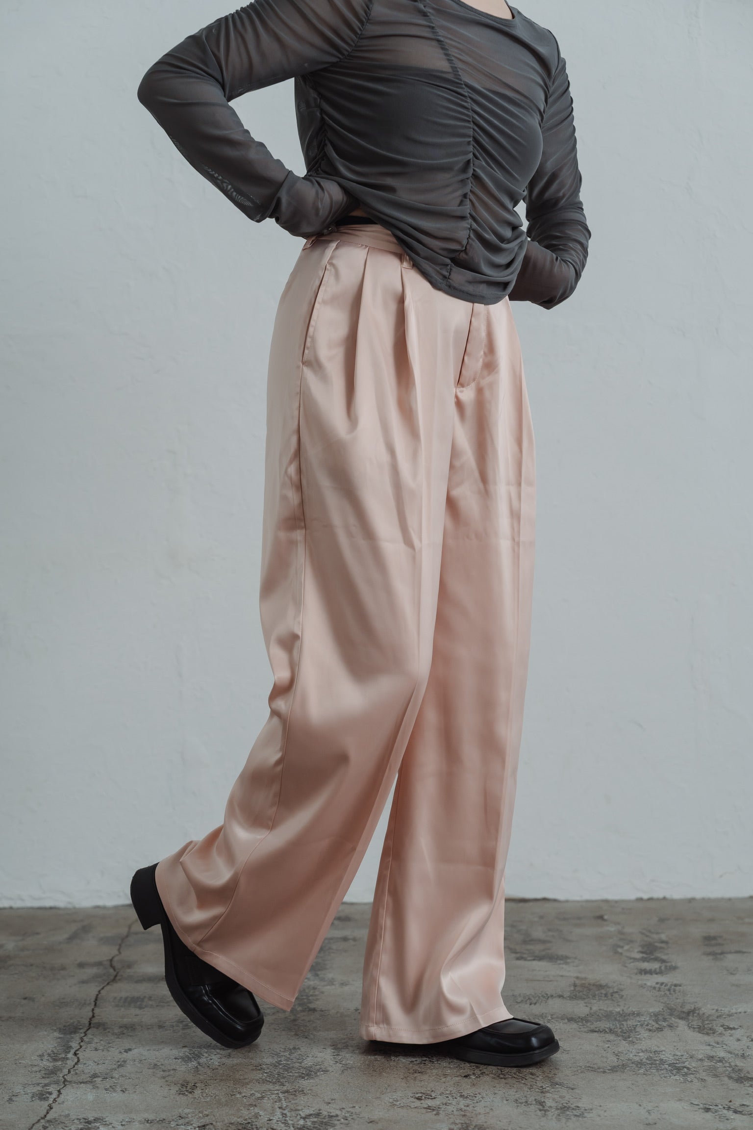 satin tuck pants